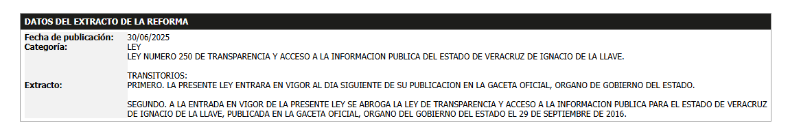 LEY NUMERO 875 DE TRANSPARENCIA Y ACCESO A LA INFORMACION PUBLICA PARA EL ESTADO DE VERACRUZ DE IGNACIO DE LA LLAVE, ABROGADO (A).